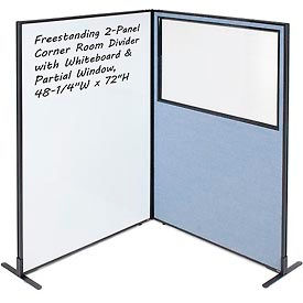 Global Industrial 695178BL Interion® 2-Panel Corner Room Divider with Whiteboard & Partial Window, 48-1/4"W x 72"H, Blue image.
