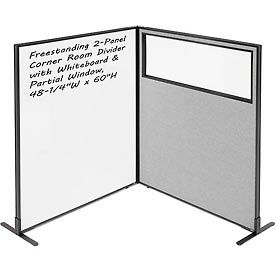 Global Industrial 695177GY Interion® 2-Panel Corner Room Divider with Whiteboard & Partial Window, 48-1/4"W x 60"H, Gray image.