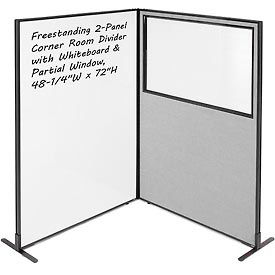 Global Industrial 695178GY Interion® 2-Panel Corner Room Divider with Whiteboard & Partial Window, 48-1/4"W x 72"H, Gray image.