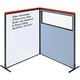 Global Industrial 695181BL Interion® Deluxe Freestanding 2-Panel Corner w/Whiteboard & Partial Window 48-1/4Wx61-1/2H Blue image.