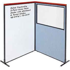 Global Industrial 695182BL Interion® Deluxe Freestanding 2-Panel Corner w/Whiteboard & Partial Window 48-1/4Wx73-1/2H Blue image.