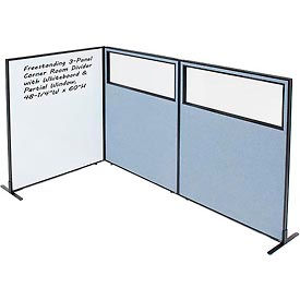 Global Industrial 695185BL Interion® 3-Panel Corner Room Divider with Whiteboard & Partial Window, 48-1/4"W x 60"H, Blue image.