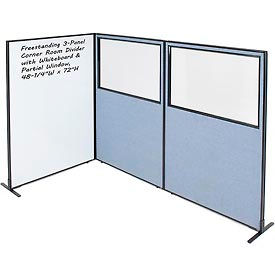 Global Industrial 695186BL Interion® 3-Panel Corner Room Divider with Whiteboard & Partial Window, 48-1/4"W x 72"H, Blue image.