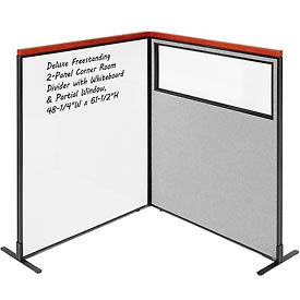Global Industrial 695181GY Interion® Deluxe Freestanding 2-Panel Corner w/Whiteboard & Partial Window 48-1/4Wx61-1/2H Gray image.