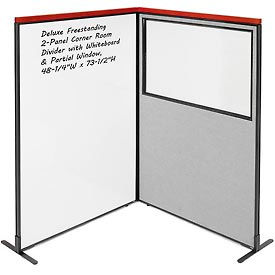 Global Industrial 695182GY Interion® Deluxe Freestanding 2-Panel Corner w/Whiteboard & Partial Window 48-1/4Wx73-1/2H Gray image.