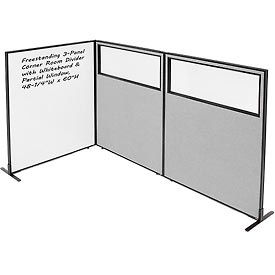 Global Industrial 695185GY Interion® 3-Panel Corner Room Divider with Whiteboard & Partial Window, 48-1/4"W x 60"H, Gray image.