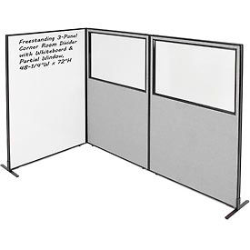 Global Industrial 695186GY Interion® 3-Panel Corner Room Divider with Whiteboard & Partial Window, 48-1/4"W x 72"H, Gray image.