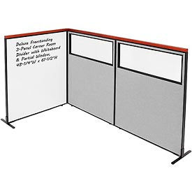 Interion Deluxe Freestanding 3-Panel Corner w/Whiteboard & Partial Window 48-1/4Wx61-1/2H Gray