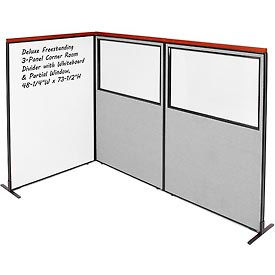 Global Industrial 695190GY Interion® Deluxe Freestanding 3-Panel Corner w/Whiteboard & Partial Window 48-1/4Wx73-1/2H Gray image.