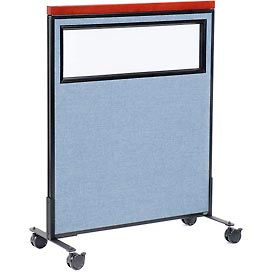 Global Industrial 694991MBL Interion® Mobile Deluxe Office Partition Panel with Partial Window, 36-1/4"W x 46-1/2"H, Blue image.