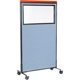 Global Industrial 694992MBL Interion® Mobile Deluxe Office Partition Panel with Partial Window, 36-1/4"W x 64-1/2"H, Blue image.