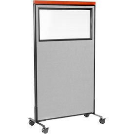 Global Industrial 694992MGY Interion® Mobile Deluxe Office Partition Panel with Partial Window, 36-1/4"W x 64-1/2"H, Gray image.