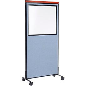 Global Industrial 694993MBL Interion® Mobile Deluxe Office Partition Panel with Partial Window, 36-1/4"W x 76-1/2"H, Blue image.