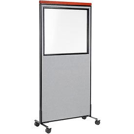 Global Industrial 694993MGY Interion® Mobile Deluxe Office Partition Panel with Partial Window, 36-1/4"W x 76-1/2"H, Gray image.