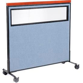 Global Industrial 694994MBL Interion® Mobile Deluxe Office Partition Panel with Partial Window, 48-1/4"W x 46-1/2"H, Blue image.