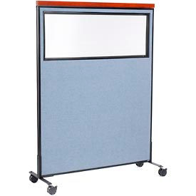 Global Industrial 694995MBL Interion® Mobile Deluxe Office Partition Panel with Partial Window, 48-1/4"W x 64-1/2"H, Blue image.