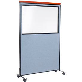 Global Industrial 694996MBL Interion® Mobile Deluxe Office Partition Panel with Partial Window, 48-1/4"W x 76-1/2"H, Blue image.