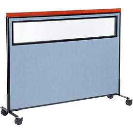 Global Industrial 694997MBL Interion® Mobile Deluxe Office Partition Panel with Partial Window, 60-1/4"W x 46-1/2"H, Blue image.