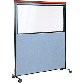 Global Industrial 694999MBL Interion® Mobile Deluxe Office Partition Panel with Partial Window, 60-1/4"W x 76-1/2"H, Blue image.