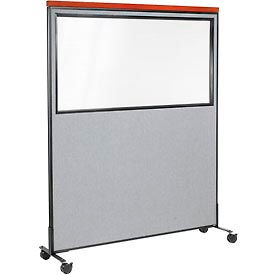 Global Industrial 694999MGY Interion® Mobile Deluxe Office Partition Panel with Partial Window, 60-1/4"W x 76-1/2"H, Gray image.