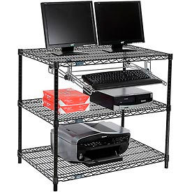 Global Industrial 695364BK Nexel™ 3-Shelf Wire Computer LAN Workstation with Keyboard Tray, 36"W x 24"D x 34"H, Black image.