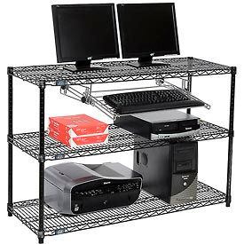 Global Industrial 695368BK Nexel™ 3-Shelf Wire Computer LAN Workstation with Keyboard Tray, 48"W x 18"D x 34"H, Black image.