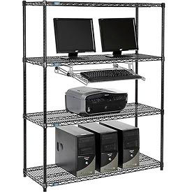 Global Industrial 695402BK Nexel™ 4-Shelf Wire Computer LAN Workstation with Keyboard Tray, 48"W x 18"D x 63"H, Black image.