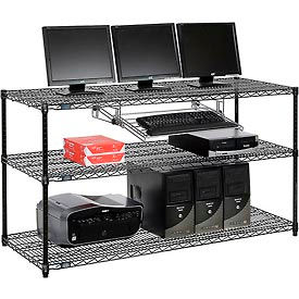 Global Industrial 695376BK Nexel™ 3-Shelf Wire Computer LAN Workstation with Keyboard Tray, 60"W x 24"D x 34"H, Black image.