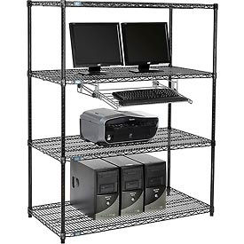Global Industrial 695409BK Nexel™ 4-Shelf Wire Computer LAN Workstation with Keyboard Tray, 48"W x 24"D x 63"H, Black image.