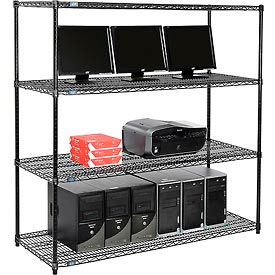 Global Industrial 695415BK Nexel™ 4-Shelf Wire Computer LAN Workstation, 60"W x 24"D x 63"H, Black image.