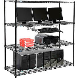 Global Industrial 695416BK Nexel™ 4-Shelf Wire Computer LAN Workstation with Keyboard Tray, 60"W x 24"D x 63"H, Black image.