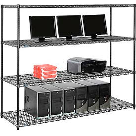 Global Industrial 695422BK Nexel™ 4-Shelf Wire Computer LAN Workstation, 72"W x 24"D x 63"H, Black image.