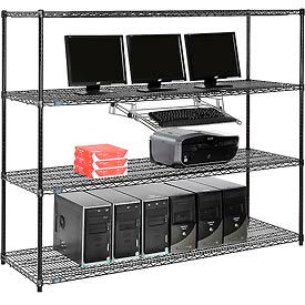 Global Industrial 695423BK Nexel™ 4-Shelf Wire Computer LAN Workstation with Keyboard Tray, 72"W x 24"D x 63"H, Black image.