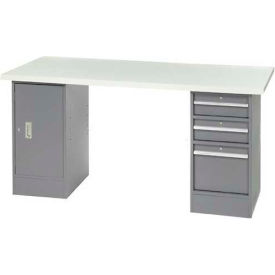 Global Industrial 318861 Global Industrial™ 96 x 30 Pedestal Workbench - 3 Drawers & Cabinet, Laminate Square Edge Gray image.