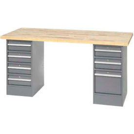 Global Industrial 96 x 30 Pedestal Workbench - 7 Drawers, Maple Block Square Edge - Gray