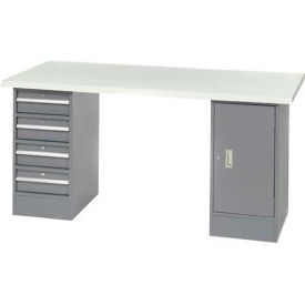 Global Industrial 96x30 Pedestal Workbench, 4 Drawers & Cabinet, ESD Laminate Square Edge Gray