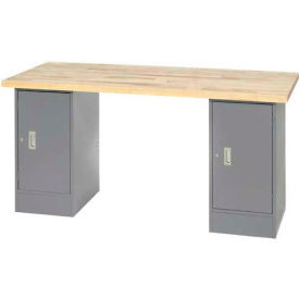 Global Industrial 96 x 30 Pedestal Workbench - Double Cabinet, Maple Block Square Edge - Gray