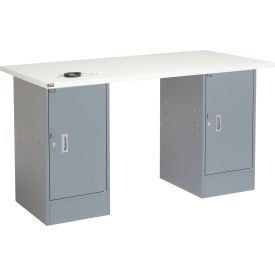 Global Industrial 318894 Global Industrial™ 96 x 30 Pedestal Workbench - Double Cabinet, ESD Laminate Square Edge - Gray image.