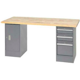 Global Industrial 319030 Global Industrial™ 96 x 30 Pedestal Workbench - 2 Drawers and Cabinet, Maple Square Edge - Gray image.