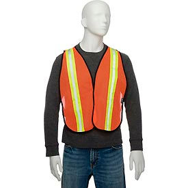 Global Industrial 695304 Global Industrial Hi-Vis Safety Vest, 2" Lime/Reflective Strips, Polyester Mesh, Orange, One Size image.