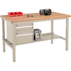 Global Industrial 319234TN Global Industrial™ 60 x 30 Production Workbench - Shop Top Safety Edge - Drawers & Shelf - Tan image.