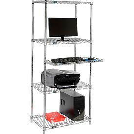 Global Industrial 695439 Nexel™ 4-Shelf Wire Computer Workstation with Cantilever Tray, 30"W x 18"D x 74"H, Chrome image.