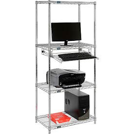 Global Industrial 695440 Nexel™ 4-Shelf Wire Computer Workstation with Keyboard Tray, 30"W x 18"D x 74"H, Chrome image.