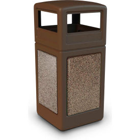 Dci  Marketing 72045599 PolyTec™ Square Waste Container w/Dome Lid - Brown w/Riverstone Stone Panels, 42-Gallon image.