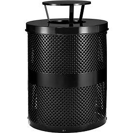 Global Industrial 261927BK Global Industrial™ Outdoor Perforated Steel Trash Can With Rain Bonnet Lid, 36 Gallon, Black image.