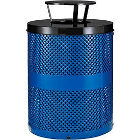 Global Industrial 261927BL Global Industrial™ Outdoor Perforated Steel Trash Can With Rain Bonnet Lid, 36 Gallon, Blue image.