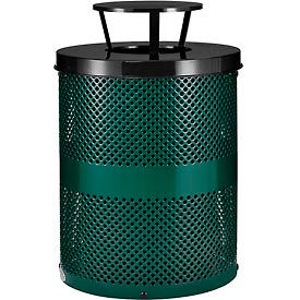 Global Industrial 261927GN Global Industrial™ Outdoor Perforated Steel Trash Can With Rain Bonnet Lid, 36 Gallon, Green image.