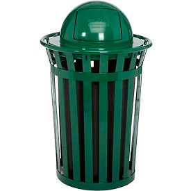 Global Industrial 261944GN Global Industrial™ Outdoor Slatted Steel Trash Can With Dome Lid, 36 Gallon, Green image.