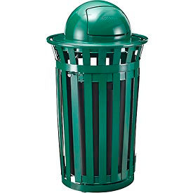 Global Industrial 261945GN Global Industrial™ Outdoor Slatted Steel Trash Can W/Access Door & Dome Lid, 36 Gallon, Green image.