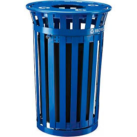Global Industrial 261942BL Global Industrial™ Outdoor Slatted Recycling Can w/Access Door & Flat Lid, 36 Gallon, Blue image.